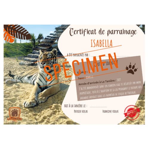 La taniere, zoo, refuge, parc animalier, cadeau, adulte, enfant, bébé, certificat, parrainage, animaux, noël, anniversaire, tigre